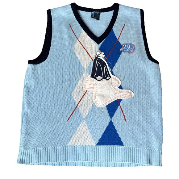 Luxe Sweater Vest Men’s Xl Light Blue Looney Toos Daffy Duck Acrylic Vintage‎ - Picture 1 of 6